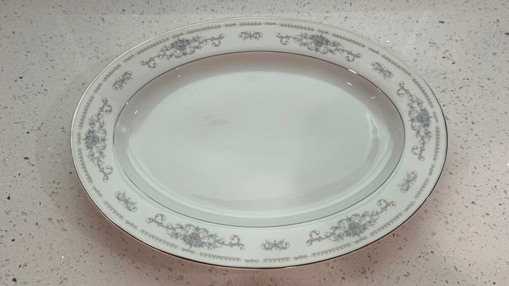 Vintage Diane Japan 12 3/8” Oval Serving Platter Blue Floral Platinum Trim